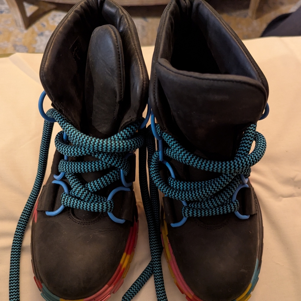 Fantastic John Fluevog Black Boots with Rainbow Soles